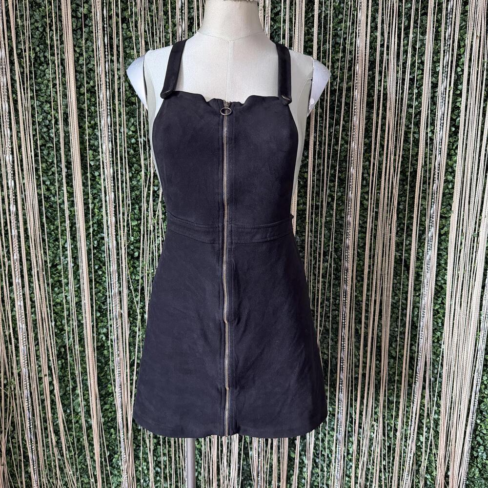 Black Faux Suede Mini Dress with Front Zipper and Adjustable Straps